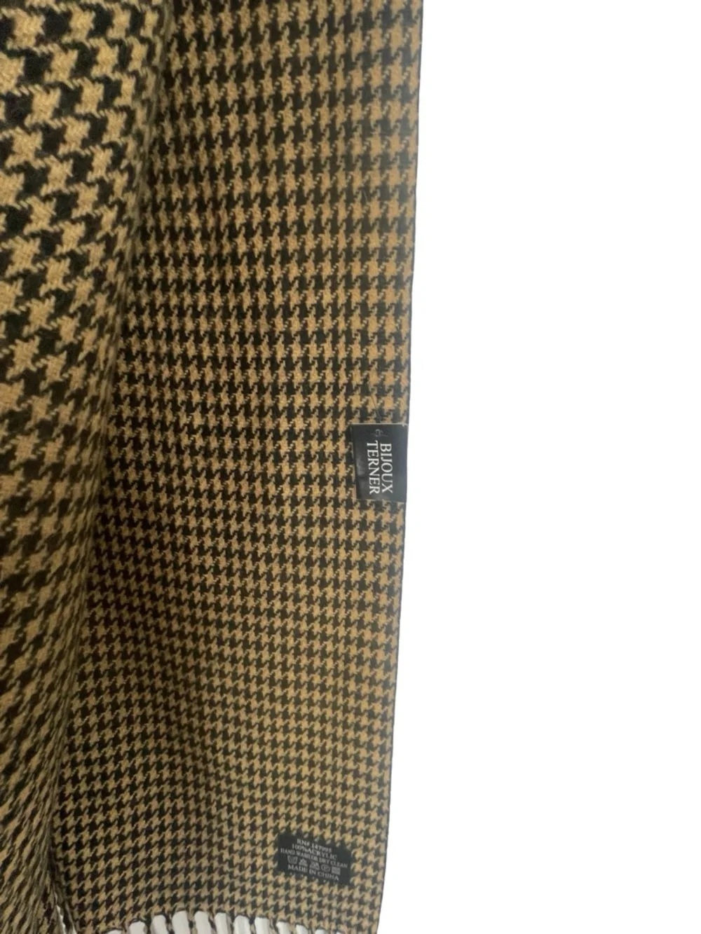 NWT BIJOUX Terner Houndstooth LONG Fringe Wrap Scarf - Brown & Black